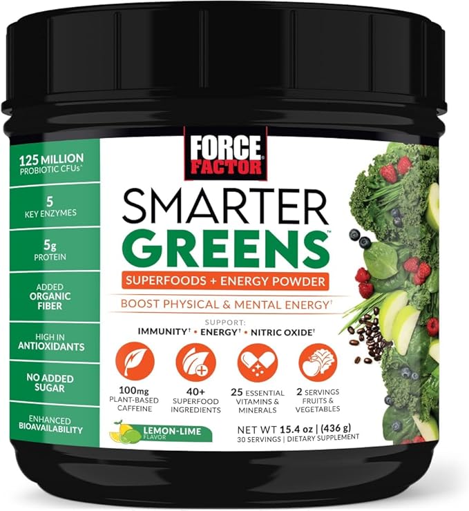 FORCE FACTOR Smarter Greens Superfoods + Energy Powder to Boost Energy & Support Digestion, Gut Health, Bloating, Greens Powder with Digestive Enzymes, Probiotics & Prebiotics, Lemon Lime, 30 Servings