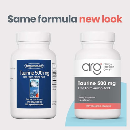 Allergy Research Group Taurine 500mg Supplement - Cardiovascular Support, Free Form Amino Acid, Pure, Organic, Vegetarian Capsules - 100 Count