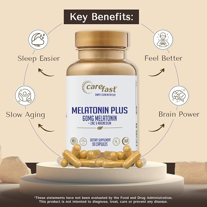 Melatonin Plus - High-Dose 60mg Melatonin with Zinc & Magnesium for Better Absorption - for Holistic Wellness - 180 Veggie Capsules