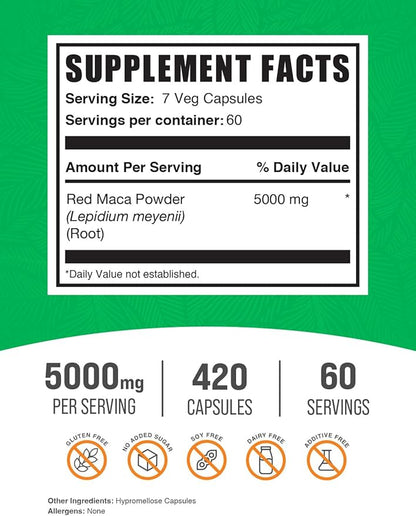 BulkSupplements.com Red Maca Capsules - Maca Supplement, Red Maca 5000mg, Red Maca Root - Vegan & Gluten Free, 7 Capsules per Serving, 420 Count (Pack of 1)