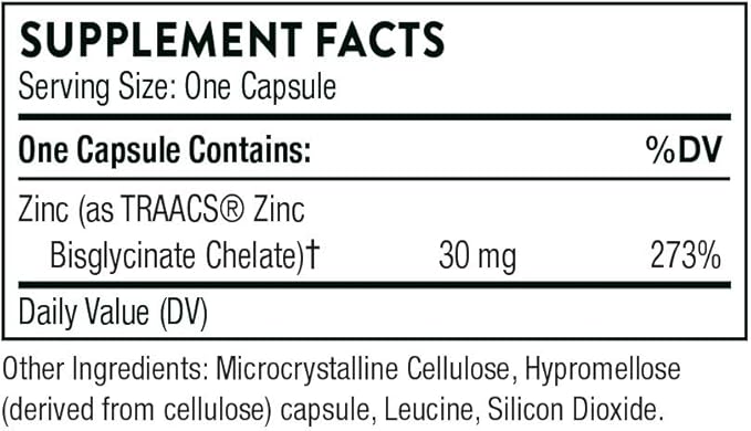 THORNE Zinc Bisglycinate 30mg - Daily Support for Skin, Eye & Immune System Health* with Zinc Supplement Capsules - 60 Capsules