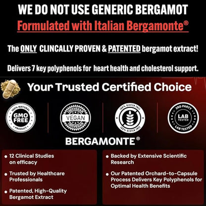 Bergamot Heart -1000mg Certified Bergamonte Italian Citrus Bergamot -Highest Polyphenols - Cardiologist Developed & Clinically Proven - Bergamot Supplement for High Cholesterol & Heart Health