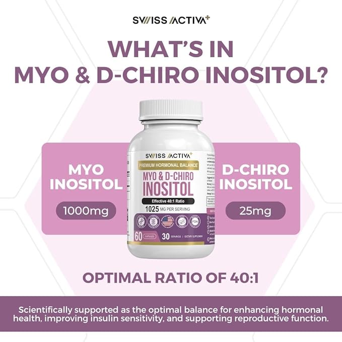Swiss Activa+ Myo Inositol Supplement & D-Chiro Inositol Supplement - Premium Hormone Balance for Women & PCOS Supplements - Regulate Menstrual Cycle - Ovarian Support - 30 Days Supply