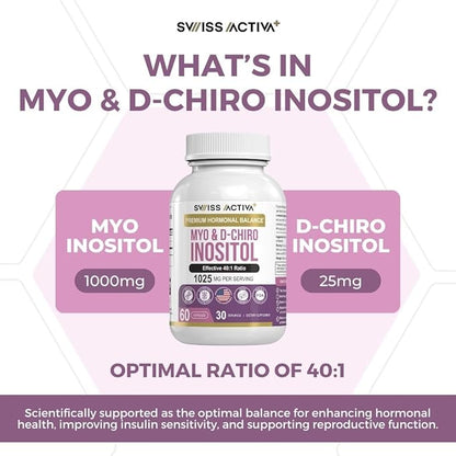 Swiss Activa+ Myo Inositol Supplement & D-Chiro Inositol Supplement - Premium Hormone Balance for Women & PCOS Supplements - Regulate Menstrual Cycle - Ovarian Support - 30 Days Supply