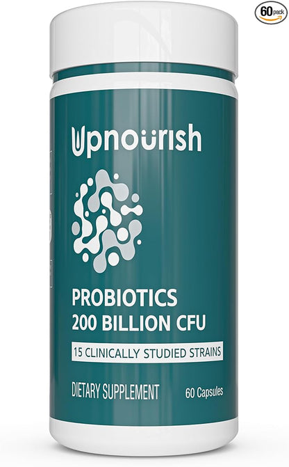 UpNourish Probiotics - 200 Billion CFUs for Men and Women, 15 Clinically Studied Strains, Prebiotics & Enzymes - 60 Vegan Capsules