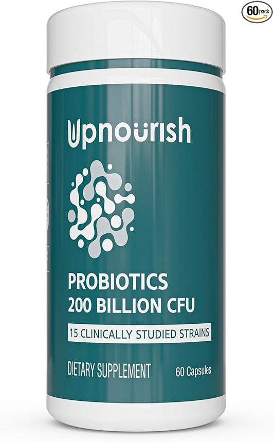 UpNourish Probiotics - 200 Billion CFUs for Men and Women, 15 Clinically Studied Strains, Prebiotics & Enzymes - 60 Vegan Capsules