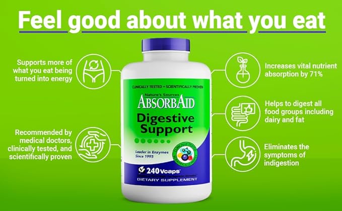 AbsorbAid Original Formula Digestive Support Enzyme Supplement, 240 Veggie Capsules (240 Capsules)