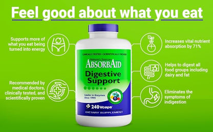 AbsorbAid Original Formula Digestive Support Enzyme Supplement, 240 Veggie Capsules (240 Capsules)