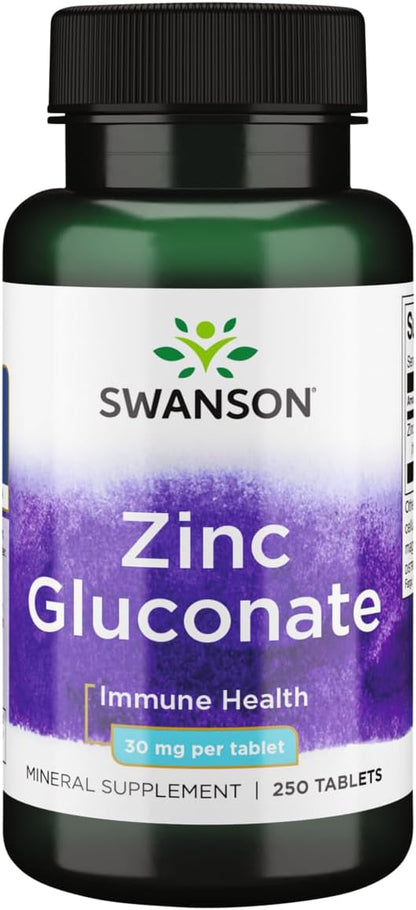 Swanson Zinc Gluconate - Mineral Supplement Promoting Prostate Health, Vision Health, & Immune Support -Gluconate Form for Optimal Absorption - (250 Tablets, 30mg Each)