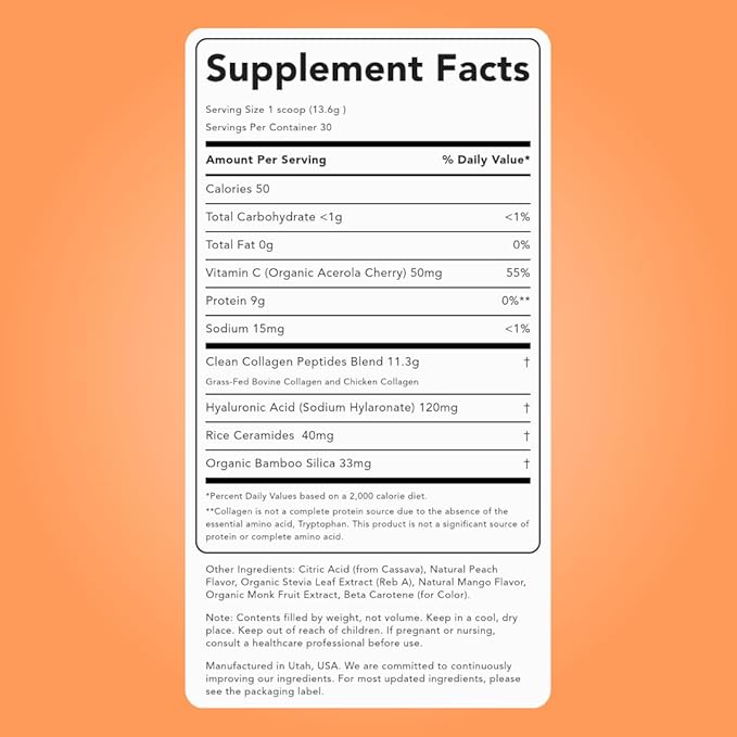 Clean Simple Eats Peach Mango Super Collagen, Grass-Fed, Hydrolyzed Types I, II, & III Collagen, 30 Servings