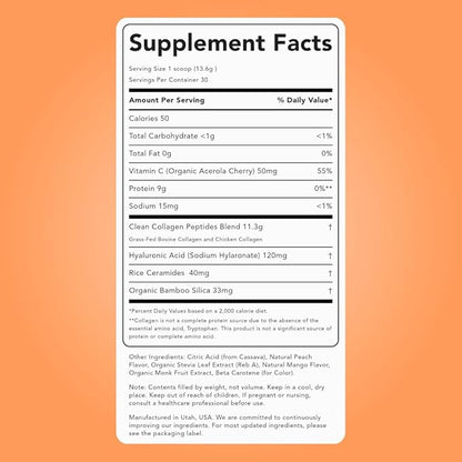 Clean Simple Eats Peach Mango Super Collagen, Grass-Fed, Hydrolyzed Types I, II, & III Collagen, 30 Servings