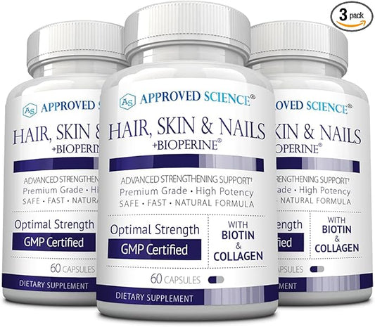 Approved Science Hair, Skin and Nails - Support Supplement - Biotin, Collagen, Vitamin B Complex, Silica, BioPerine - 180 Capsules - 3 Month Supply