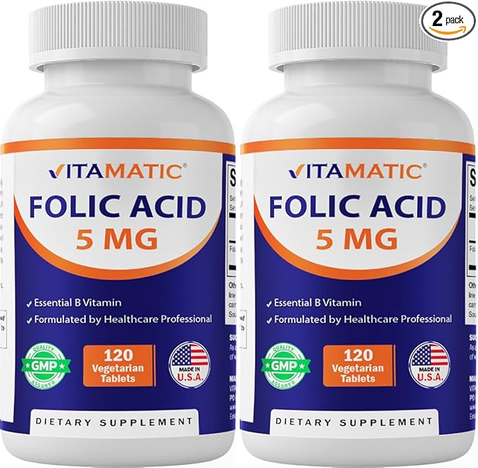 Vitamatic Folic Acid 5mg (5000 mcg) – 120 Vegetarian Tablets per Bottle | Pack of 2 (Total 240 Tablets) Vitamin B9 (Folate) | Supports Heart Health, Brain Function, and Prenatal Wellness