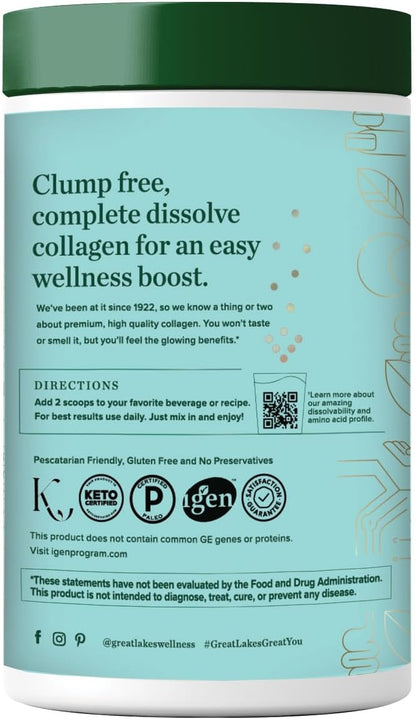 Great Lakes Wellness Sustainable Marine Collagen Peptides Powder for Skin, Hair, Nails, Joints & Digestion - Unflavored - Quick Dissolve Hydrolyzed, Wild Caught, MSC Certified, Non-GMO, Kosher - 8 oz