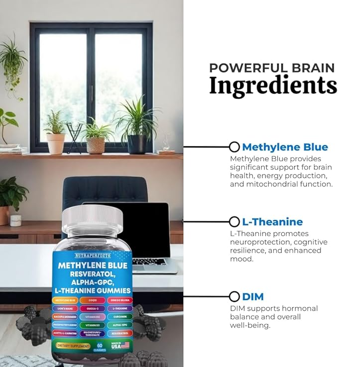 Sugar Free Methylene Blue Gummies Supplement with L-Theanine, DIM, Myo-Inositol, D-Chrio, Choline, DHA for Mental Clarity, Focus, Brain, Memory, Cognitive Support Vitality Performance Neuroprotection