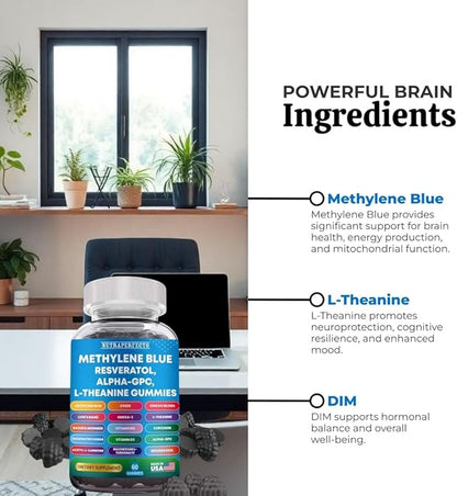 Sugar Free Methylene Blue Gummies Supplement with L-Theanine, DIM, Myo-Inositol, D-Chrio, Choline, DHA for Mental Clarity, Focus, Brain, Memory, Cognitive Support Vitality Performance Neuroprotection