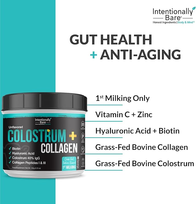 Intentionally Bare Colostrum and Collagen Powder - Colostrum Supplement with Biotin and Collagen Peptides - Colostrum Powder for Skin, Joint & Gut Health - Unflavored Collagen Supplements 60 Servings