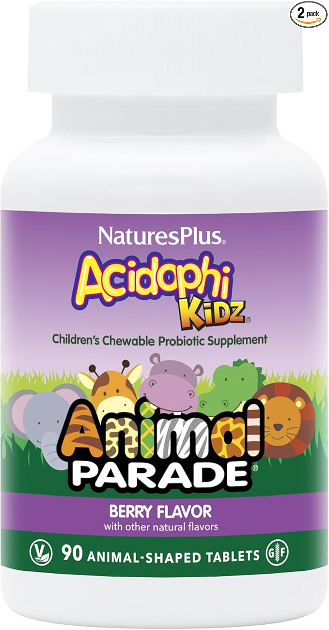 NaturesPlus Animal Parade AcidophiKidz, Berry Flavor - 90 Chewable, Animal-Shaped Tablets - Pack of 2 - with Probiotics, FOS & Grape Seed - 180 Total Servings