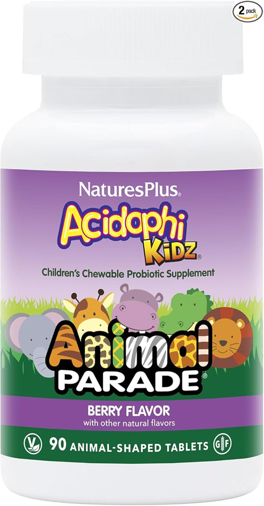 NaturesPlus Animal Parade AcidophiKidz, Berry Flavor - 90 Chewable, Animal-Shaped Tablets - Pack of 2 - with Probiotics, FOS & Grape Seed - 180 Total Servings