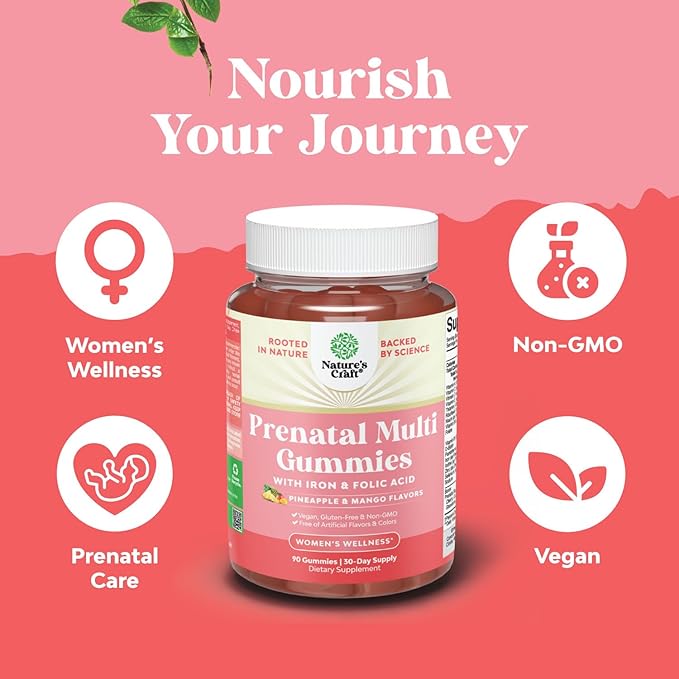 Natures Craft Vegan Prenatal Gummies for Women - Gummy Prenatal Vitamins for Women with Iron Folic Acid and Superfruit Blend - Chewable Vitamins Gummy Formula (Pineapple Mango) 1 Month