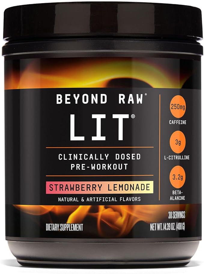BEYOND RAW LIT Pre Workout Powder Supplement for Men and Women, Energy, Focus, Endurance, Pumps, Nitric Oxide Boost, 250mg Caffeine, Creatine, Beta Alanine, Strawberry Lemonade, 30 Servings