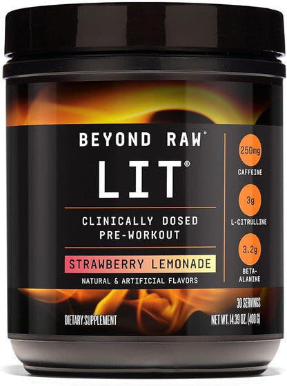 BEYOND RAW LIT Pre Workout Powder Supplement for Men and Women, Energy, Focus, Endurance, Pumps, Nitric Oxide Boost, 250mg Caffeine, Creatine, Beta Alanine, Strawberry Lemonade, 30 Servings