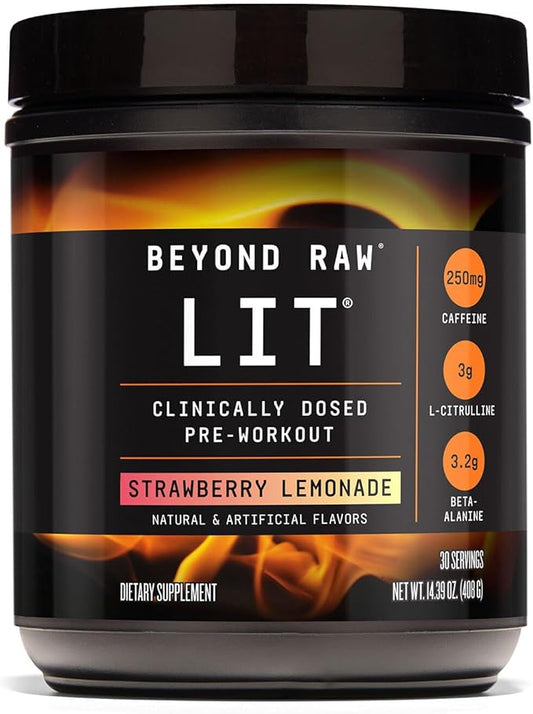 BEYOND RAW LIT Pre Workout Powder Supplement for Men and Women, Energy, Focus, Endurance, Pumps, Nitric Oxide Boost, 250mg Caffeine, Creatine, Beta Alanine, Strawberry Lemonade, 30 Servings