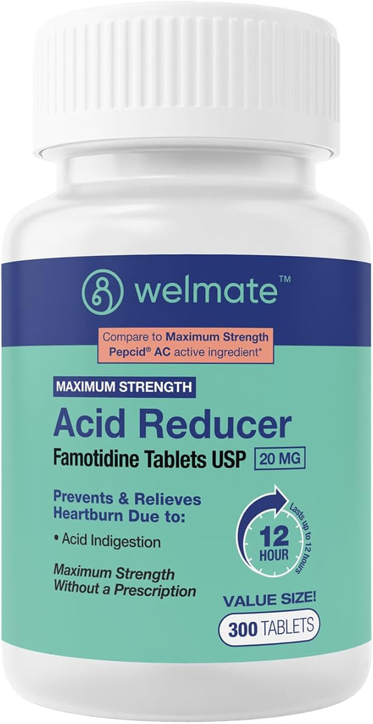 WELMATE - Famotidine Acid Reducer, 20mg - Maximum Strength - Heartburn Relief - Acid Indigestion - Stomach Relief - Works in 15 Minutes, 12 Hour Relief - Generic Medication - Value Size - 300 Tablets