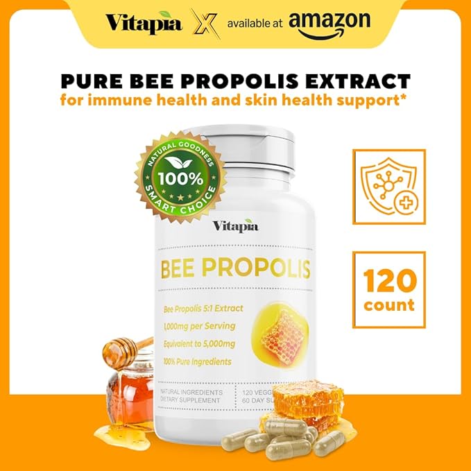 Bee Propolis Extract Capsules 1000mg Supplement for Immune Support, Vitality, Skin Health - Potent Polyphenols, Flavanoids, Antioxidants - 120 Count, Non-GMO, Gluten-Free
