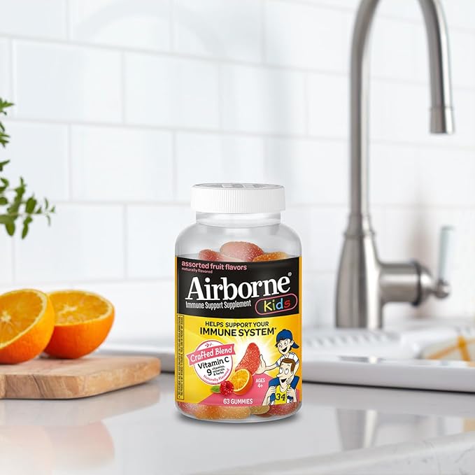 Airborne Kids 500mg Vitamin C Gummies, Kids Immune Support Zinc Gummies with Powerful Antioxidants VIT C & E - 63 Gummies, Assorted Fruit Flavor (Pack of 3)