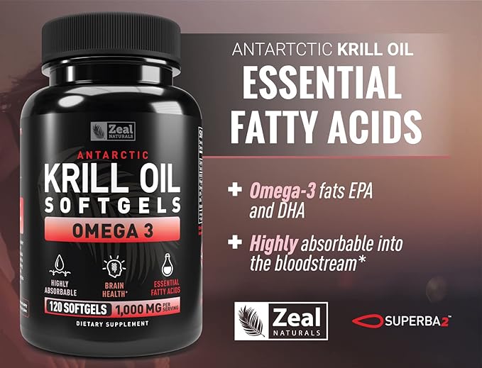 Antarctic Krill Oil 1000mg (120 Softgels) Omega 3 Krill Oil Supplement with EPA, DHA & Astaxanthin - Omega 3 Fish Oil for Joint, Brain, and, Heart Support for Men and Women