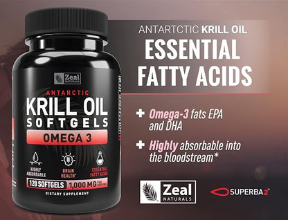 Antarctic Krill Oil 1000mg (120 Softgels) Omega 3 Krill Oil Supplement with EPA, DHA & Astaxanthin - Omega 3 Fish Oil for Joint, Brain, and, Heart Support for Men and Women