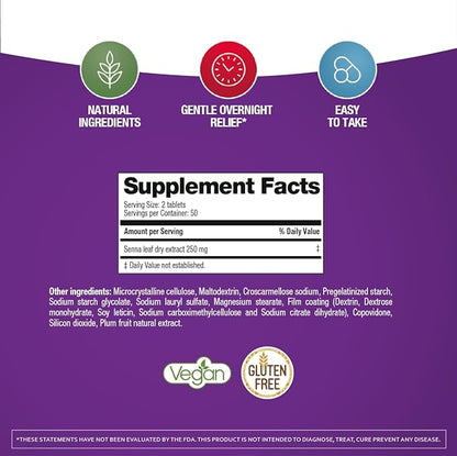 Prunelax Ciruelax Maximum Relief Laxative Tablets with Natural Senna for Occasional Constipation, Senna Extract, Vegan & Gluten-Free, Gentle Overnight Relief - 60ct