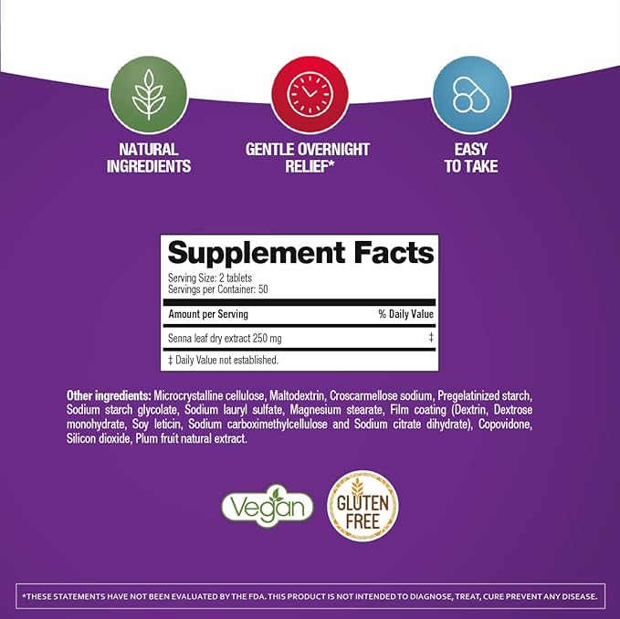 Prunelax Ciruelax Maximum Relief Laxative Tablets with Natural Senna for Occasional Constipation, Senna Extract, Vegan & Gluten-Free, Gentle Overnight Relief - 100ct