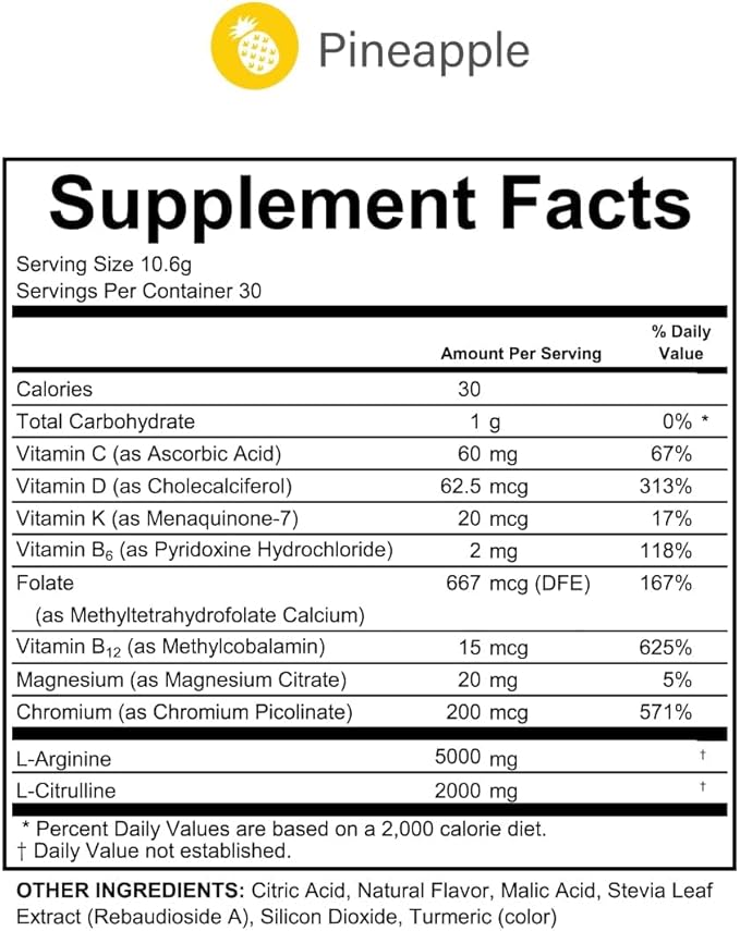 L-Arginine Complete - Cardio Health | 5000mg L Arginine | Nitric Oxide Booster | Natural Supplement | Increases Energy and Endurance | Pineapple