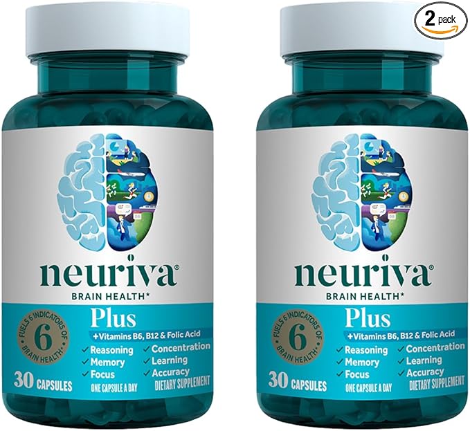 NEURIVA Plus Brain Supplement for Memory, Focus & Concentration + Cognitive Function with Clinically Tested Nootropics Phosphatidylserine and Neurofactor, VIT B6 & B12, 30 Count Capsules (2 Pack)