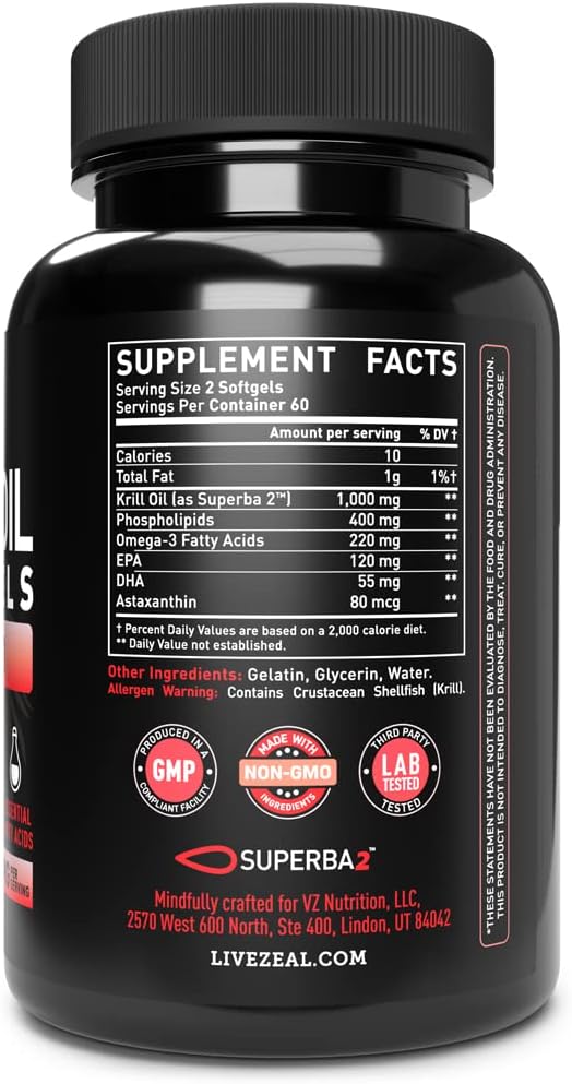 Antarctic Krill Oil 1000mg (120 Softgels) Omega 3 Krill Oil Supplement with EPA, DHA & Astaxanthin - Omega 3 Fish Oil for Joint, Brain, and, Heart Support for Men and Women