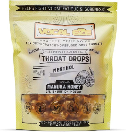 Vocal Eze Manuka Honey Lemon UMF 10+ (MGO 265+) Menthol Cough Drops (120) | Lozenges to Relieve Sore, Hoarse, Fatigue, Dryness of Throat | Voice Support, All Natural and Organic Ingredients
