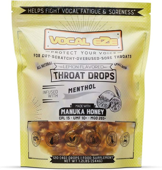 Vocal Eze Manuka Honey Lemon UMF 10+ (MGO 265+) Menthol Cough Drops (120) | Lozenges to Relieve Sore, Hoarse, Fatigue, Dryness of Throat | Voice Support, All Natural and Organic Ingredients
