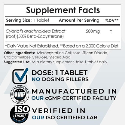Nootropics Depot Beta Ecdysterone/20-Hydroxyecdysone 50% Tablets | 500mg | Cyanotis Arachnoidea Extract | Phytoecdysteroid | 90 Count
