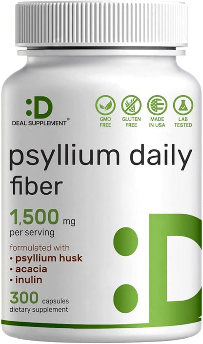 Psyllium Husk 1500mg Per Serving, 300 Capsules – 3 in 1 Fiber Supplement with Inulin & Acacia Complex – Natural Soluble Fiber, Supports Digestive Health – Plant Based, Non-GMO