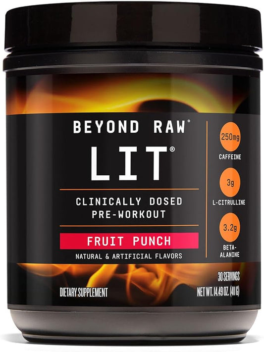 BEYOND RAW LIT Pre Workout Powder Supplement for Men and Women, Energy, Focus, Endurance, Pumps, Nitric Oxide Boost, 250mg Caffeine, Creatine, Beta Alanine, Fruit Punch, 30 Servings