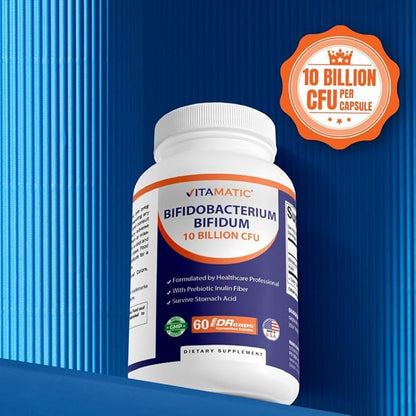 Vitamatic Bifidobacterium Bifidum - 10 Billion per DR Capsule - 60 Count - Digestive Support - Made with Prebiotic Inulin Fiber