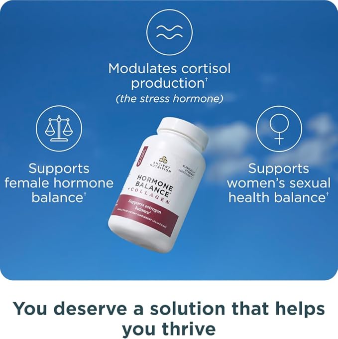 Ancient Nutrition Hormone Balance + Collagen Supplement, Hydrolyzed Collagen Peptides, Key Clinically Validated Ingredient to Support Balanced Hormones and Boost Energy, 60 Capsules