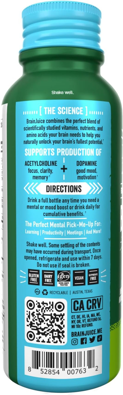 BrainJuice Decaf Brain Support Shot, Gluten Free Supplement Shots for Energy & Focus, Healthy Drinks with Alpha GPC, Vitamin B & Decaffeinated Green Tea Leaf, Classic, 2.5 fl oz, 12 Pack