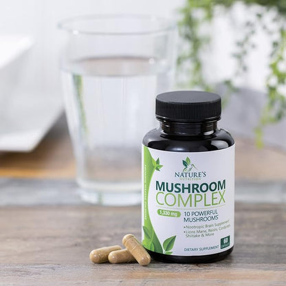 Mushroom Supplement 10 in 1 High Strength Lions Mane Mushroom - Turkey Tail, Reishi, Cordyceps, Chaga & Mushrooms Nootropic Brain Supplements for Memory & Focus Support, Mushroom Complex, 60 Capsules