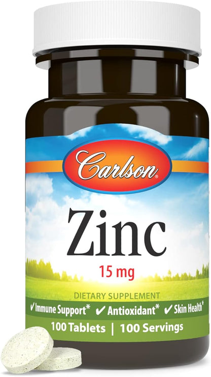 Carlson - Zinc, 15 mg, Zinc Supplement, Zinc Gluconate, Immune Support & Skin Health, Zinc Tablets, Antioxidant, Zinc Capsules, 100 Tablets