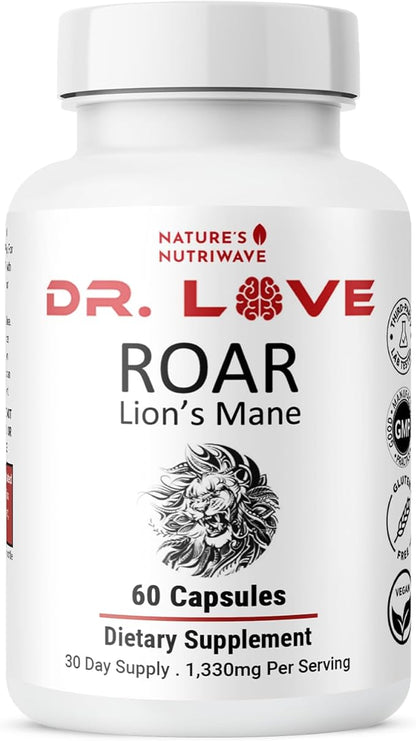 Dr. Love Roar Lion’s Mane Mushroom Supplement – Plant-Based Formula with Cordyceps, Reishi & Shiitake – Vegan, Gluten-Free, GMP Certified, Made in USA – 60 Capsules, 1 Month Supply