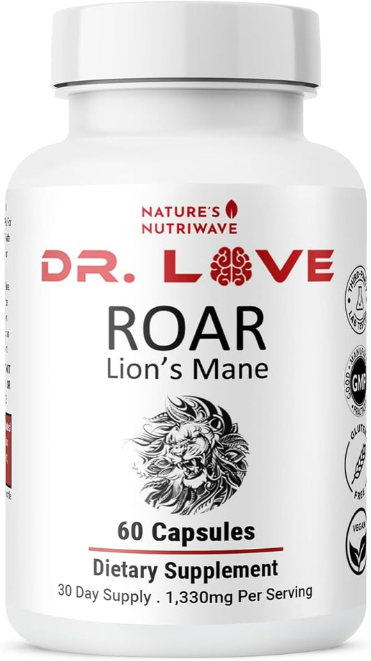 Dr. Love Roar Lion’s Mane Mushroom Supplement – Plant-Based Formula with Cordyceps, Reishi & Shiitake – Vegan, Gluten-Free, GMP Certified, Made in USA – 60 Capsules, 1 Month Supply