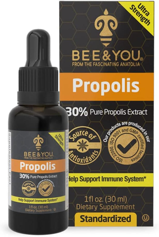 Bee and You Propolis Liquid Extract Drops, 30% Propolis, Ultra Pure, Immune Support Supplement, Sore Throat, Allergy Relief, Respiratory, Antioxidants, Keto, Paleo, Gluten-Free, 1 Fl Oz
